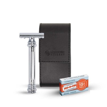 MERKUR5004 Travel Shaving Set featuring MERKUR 38C Twopiece Safety Razor with Long Handle  Bright Chrome Finish 10 Double Edge Blades  Black Leather Case  Made In Germany