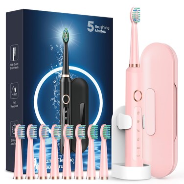 Rtauys M5 Sonic Electric Toothbrush for Adults  Rechargeable Electric Toothbrush with 8 Brush Heads  Travel Case Power Electric Toothbrush with Holder 3 Hours Charge for 120 Days  Pink