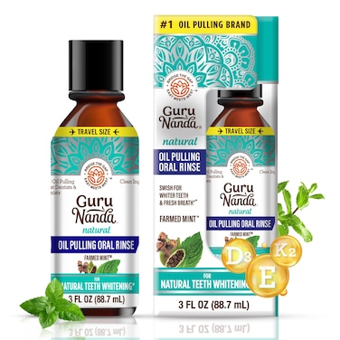 GuruNandaTravel Size Coconut Oil Pulling 7 Essential Oils  Vitamins Fresh Breath  Whitening Mouthwash No Alcohol  Fluoride 3 oz