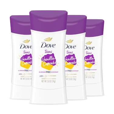 DoveTeens Deodorant Stick Vanilla Cupcake 4 Count Deodorant stick for teens 48hour protection without aluminum 26 oz