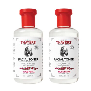Thayers AlcoholFree Hydrating Rose Petal Witch Hazel Facial Toner with Aloe Vera Formula Vegan Dermatologist Tested and Recommended 85 Oz Pack of 2
