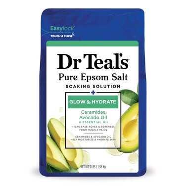 Dr Teals Epsom Salt Magnesium Soak Glow  Hydrate with Ceramides  Avocado Essential Oils 3 lbs