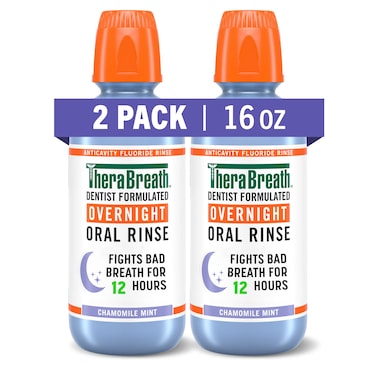 TheraBreathOvernight Mouthwash Fights Bad Breath for 12 Hours Chamomile Mint Flavor Dentist Formulated Fluoride Rinse Alcohol Free 16 fl oz Pack of 2