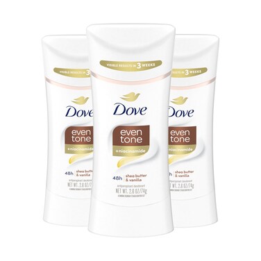 DoveAntiperspirant Deodorant Stick Even Tone Shea Butter  Vanilla Pack of 3 for 48h Odor and Sweat Protection  Skin Restoration with Niacinamide  Visible Results in 3 Weeks 26 oz