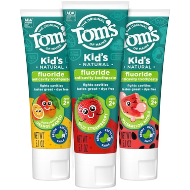 Toms of Maine Anticavity Kids Natural Toothpaste Variety Pack Strawberry Orange Mango Watermelon Flavors Kids Toothpaste with Fluoride Safe for Ages 2 and Up 51 oz Pack of 3