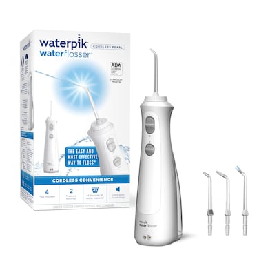 Waterpik Cordless Pearl Rechargeable Portable Water Flosser for Teeth Gums Braces Care and Travel with 4 Flossing Tips  ADA Accepted WF13 White Packaging May Vary