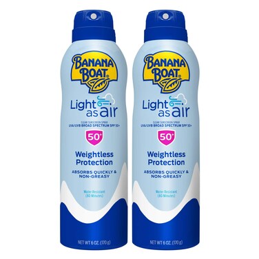 Banana BoatLight As Air Sunscreen Spray SPF 50 Twin Pack Lightweight Sunscreen Spray On Sunscreen Body Sunscreen Spray NonGreasy Sunscreen Oxybenzone Free Sunscreen 6oz each