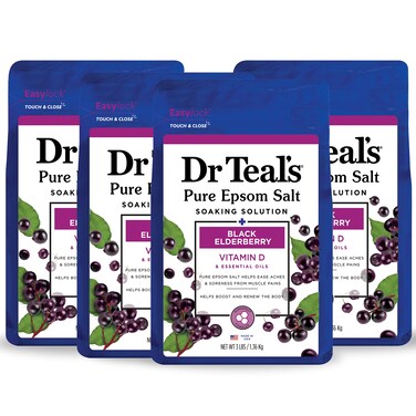Dr Teals Epsom Salt Magnesium Soak Black Elderberry with Vitamin D 3 lbs Pack of 4