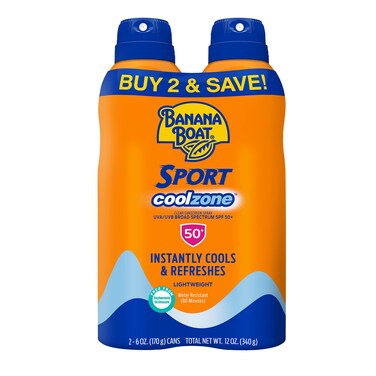 Banana Boat Sport Cool Zone SPF 50 Sunscreen Spray Twin Pack  Sport Sunscreen Spray SPF 50 Clear Sunscreen Spray Banana Boat Sunscreen Spray SPF 50 Oxybenzone Free Sunscreen Pack 6oz each
