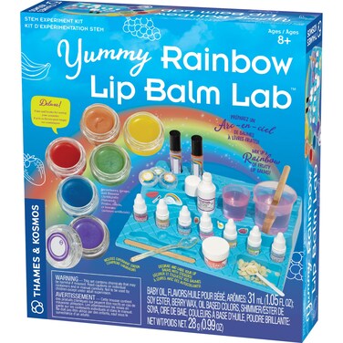 Thames  Kosmos Yummy Rainbow Lip Balm Lab STEM Kit  Make Lip Balms Glosses  Strawberry Grape Banana Flavors  Cosmetic Jars  Chemistry  Biology of Skin Care  2Language ENFR