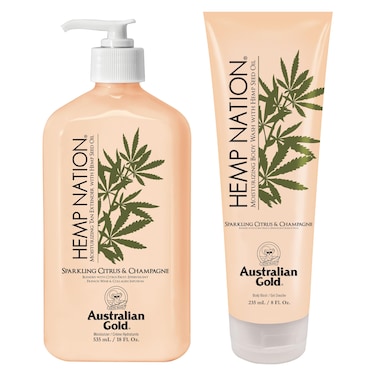 Australian Gold Hemp Nation Sparkling Citrus  Champagne Bundle  Tan Extender Body Lotion 18 FL Oz  Body Wash 8 FL Oz Effervescent Orange Grapefruit  French Wine Extract Pure Hemp Seed Oil