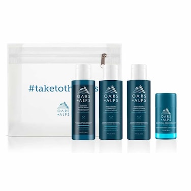 Oars  Alps Hair and Body Travel Kit for Men Includes Sulfate Free Shampoo Conditioner Body Wash Deodorant and Reusable Pouch TSA Friendly 5 Items Total