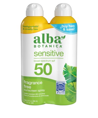Alba Botanica Sensitive Sunscreen Spray for Face and Body FragranceFree Broad Spectrum SPF 50 Water Resistant 5 fl oz Bottle Pack of 2