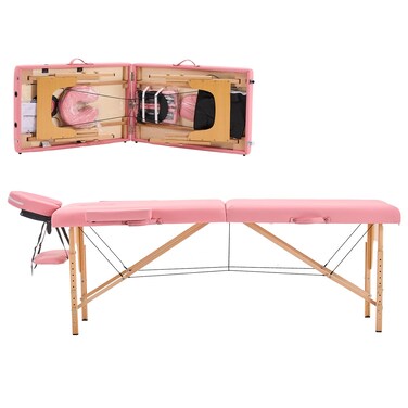 YOUNIKE Massage Table Spa Bed Lash Bed Portable 2 Fold Adjustable Foldable Tattoo Bed Salon Bed Face Cradle Bed Wooden Frame with NonWoven Bag Pink
