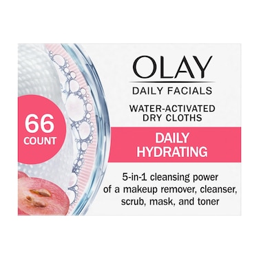OlayDaily Facials Daily Clean Makeup Removing Facial Cleansing Wipes 5in1 Water Activated Cloths Exfoliates Tones and Hydrates Skin 66 count