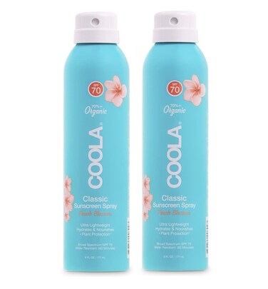 CoolaOrganic Sunscreen SPF 70 Sunblock Spray Dermatologist Tested Skin Care for Daily Protection Vegan and Gluten Free Peach Blossom 6 Fl Oz