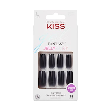 KISS Gel Fantasy Press On Nails Nail glue included Jelly Gele Black Long Size Square Shape Includes 28 Nails 2g glue 1 Manicure Stick 1 Mini File