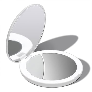 FanciiLED Lighted Travel Makeup Mirror 1x10x Magnification  Daylight LED Compact Portable Large 5 Wide Illuminated Folding Mirror Lumi Silk White