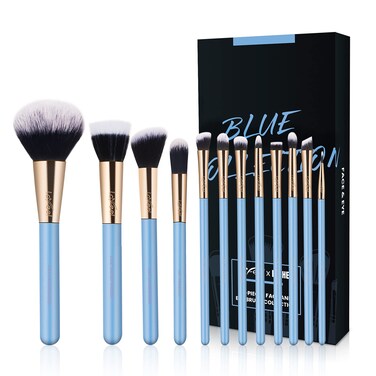 Enther  LaFeel Makeup Brush Set Premium Cosmetic Wood Handle Brushes 12pcs for Foundation Blending Blush Concealer Eye Shadow CruelyFree Synthetic Fiber Bristles Blue Collection