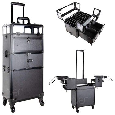 Ver BeautyProfessional Rolling Makeup Train Case Heavy Duty Hair Stylist  Makeup Artist Travel Case with Extendable Trays Black Matte VT00522
