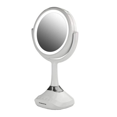 OVENTELighted Vanity Mirror Table Top 360 Degree Spinning 6 Double Sided Circle LED 1X 5X Magnifier with MP3 Audio Builtin Wireless Speaker Rechargeable USB Operated White MRT06W1X5X