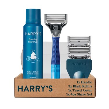 HarrysRazors for Men  Shaving Kit for Men includes a Mens Razor Handle 3 Razor Blade Refills Travel Blade Cover and 4 Oz Shave Gel