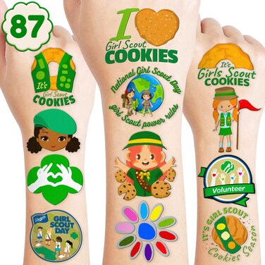 frawharmone87PCS Little Girl Cub Scout Cookies Temporary Tattoos Stickers Theme Birthday Party Decorations Supplies Favors Decor Cute Junior Brownie Scouts Tattoo Gifts