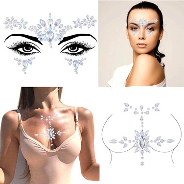 BlinderyRhinestone Face Gems Mermaid Cross Chest Gem Crystal Eyes Face Stickers Jewels Body Rave Festival Party Face Jewelry for Women and Girls 2PCS