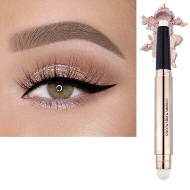 Eyeshadow Stick and Sponge Brush Cream Shimmer Smooth Eyeshadow Pencil Hypoallergenic Waterproof Eye Shadow Eyeliner Highlighter Stick Primer Palette Glitter Liquid Nude Korean Matte