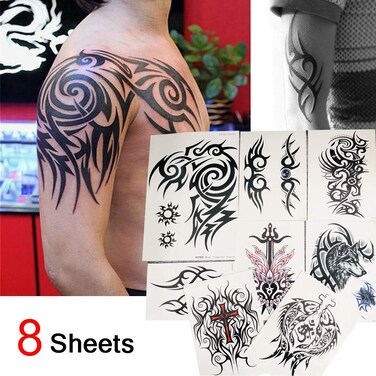 8 Sheets Waterproof Large Temporary Tattoos Men Tribal Totem Tattoo Sticker Make up Body Art Fake Tattoo