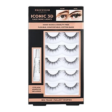 Profusion Cosmetics Iconic 3D Faux Mink Lash Set of 5 With Adhesive Cat Eye Lash Wispies Fluffy False Lashes 5 Pairs Soft Reusable Eyelashes Lightweight Big Tease