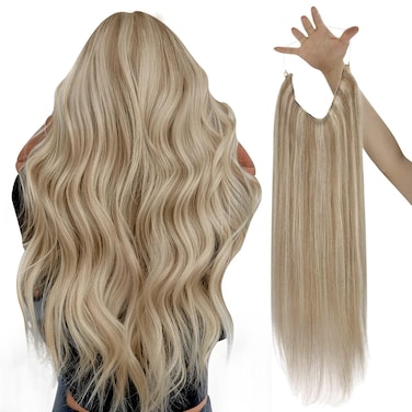 Sunny Blonde Hair Extensions 18 Inch Wire Hair Extensions Ash Blonde Highlights Light Blonde Secret Hair Extensions Human Hair with Invisible Clips Blonde Hair Extensions Real Human Hair 80G