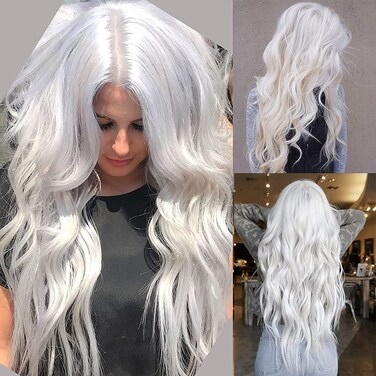 RicHyun White Wig Long Curly Wavy Wig Middle Part Cosplay Wig Synthetic Heat Resistant Costume Halloween Wigs for Women Girls