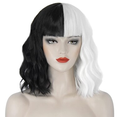 JuzivieeCruella Deville Wig Black and White Cruella Wig for Women Cruella Deville Costume Short Wavy Wig Natural Cute Wigs for Cruella Costume Party JZ001BW