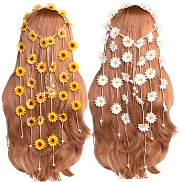Sucrain2pcs Flower Hippie Headband Floral Crown Summer Sunflower Hair Accessories for 70 s Bohemian Costumes Style