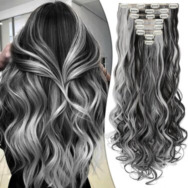Clip in Hair Extensions 24 Inch 8PCS Natural Black Mix Silver Grey Long Wavy Synthetic Hair Extensions Clip ins Thick Double Weft Hair Clip Extensions for Women