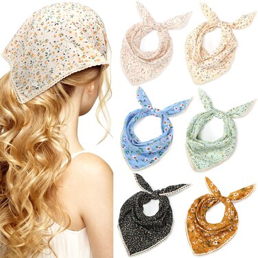 Dingion6 Pcs Floral Hair Bandanas Head Kerchief Women Bandana Print Chiffon Hair Scarf Triangle Hair Kerchief with Ties