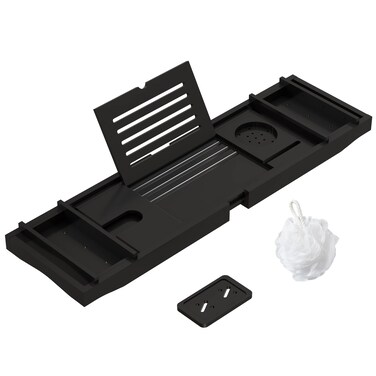 Bamboo Bathtub Tray Bath Tub Caddy with Expandable Handles Wine Glass Phone Holder Book Stand for Bathroom Luxury Spa Wooden Bath Table Board for Reading Laptop Over The Clawfoot tub Black