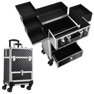 Hododou Rolling Makeup Case Cosmetic Travel Trolley Storage Sliding Drawer 4 Tray Makeup Travel Case with Wheels Salon Barber Case Traveling Cart Trunk for Cosmetologist Nail Tech Hairstylist Black