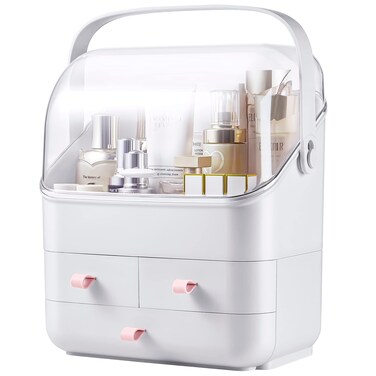 SUNFICON Preppy Skincare Organizers Makeup Organizer Holder Beauty Cosmetic Storage Box Large Display Case Dust Free Cover Portable Handle 2 Rroomy Drawers Gift Great For Bathroom Countertop White