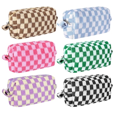 6 PCS Makeup Bag Pouch Checkered Makeup Bag Cosmetic Bag for Women Portable Zipper Make Up Pouch Travel Toiletry Bag Organizer Cute Makeup Brushes Storage Bag for Women Girls
