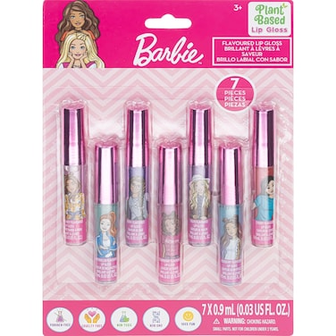 Townley Girl Barbie 7 pcs Kids Lip Gloss Set  Vegan Girls Makeup for Ages 3
