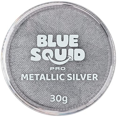 Blue SquidPRO Face Paint  Metallic Silver 30gm Professional Water Based Single Cake Face  Body Paint Makeup Supplies for Adults Kids Halloween Facepaint SFX Water Activated Face Painting Non Toxic