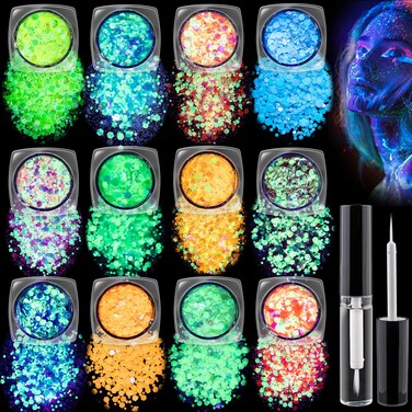 Holographic Chunky Glitter Glow in The Dark Glitter 12 Colors with Glue Set 1 Body Glitter Glow Glitter for Women Face Body Nail Hair Makeup at The ConcertFestivalRave Party