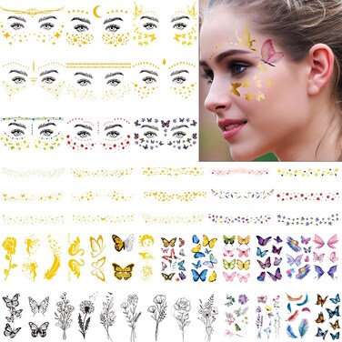 54 Sheets Gold Glitter Freckles Face Tattoo 150 Pcs Halloween Face Glitter Temporary Tattoo Stickers Sparkle Freckles Metallic Face Gems Faux Freckles Cute Glitter Makeup Accessories For Women