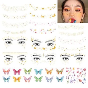 DIVAWOO 32 Sheets Face Temporary Tattoo 20 sheets Glitter Metallic Freckle Tattoos 12 PCS Butterflies Fake Tattoos Stickers for Festival Makeup Rave Accessories