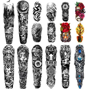 Extra Large waterproof Temporary Tattoos 8 Sheets Full Arm Fake Tattoos and 8 Sheets Half Arm Tattoo Stickers for Men and Women 2283X71