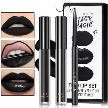 Black Matte Liquid Lipstick3 in 1 Black Lip Liner and Lipstick SetMatte Lip Gloss Long Lasting Moisturizing Velvet Lipgloss Make Up Gift Set Cosplay Goth Halloween Special Effects Makeup Kit