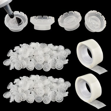 Lash Glue Ring Glue Cup 200PCS with 2 Slots for Lash Extension Supplies Lash Glue Holder Blossom Ring Cup with 2 Rolls Glue Point Volume Fan Eyelash Extensions Supplies Lashing Supplies Kit