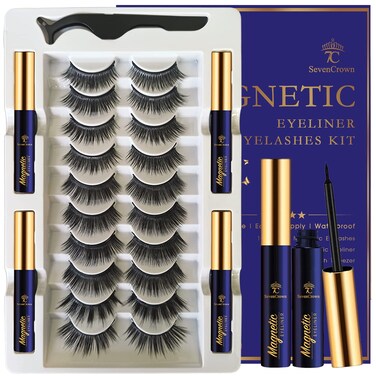 3D Magnetic Eyelashes with Eyeliner Kit  SevenCrown Magnetic Lashes Natural Looking with Upgraded 4 Tubes of Magnetic Liner Waterproof Long Lasting10 Pairs Reusable False Eyelashes Easy to Apply